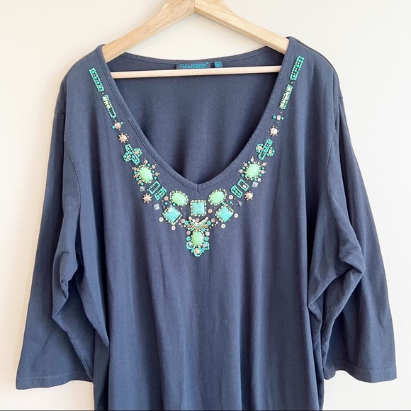 ULLA POPKEN Women’s black embellished Top Size 20/22 green beads jewels - Picture 2 of 8